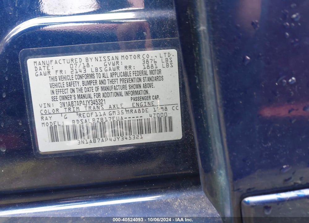 2018 NISSAN SENTRA S VIN: 3N1AB7AP4JY345321