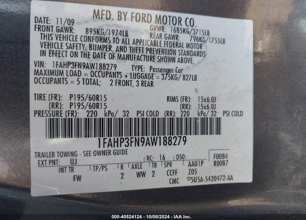 2010 FORD FOCUS SE VIN: 1FAHP3FN9AW188279
