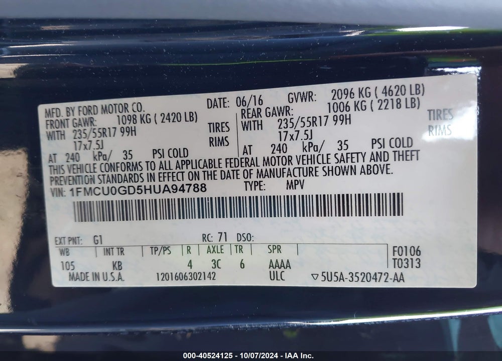 2017 FORD ESCAPE SE VIN: 1FMCU0GD5HUA94788