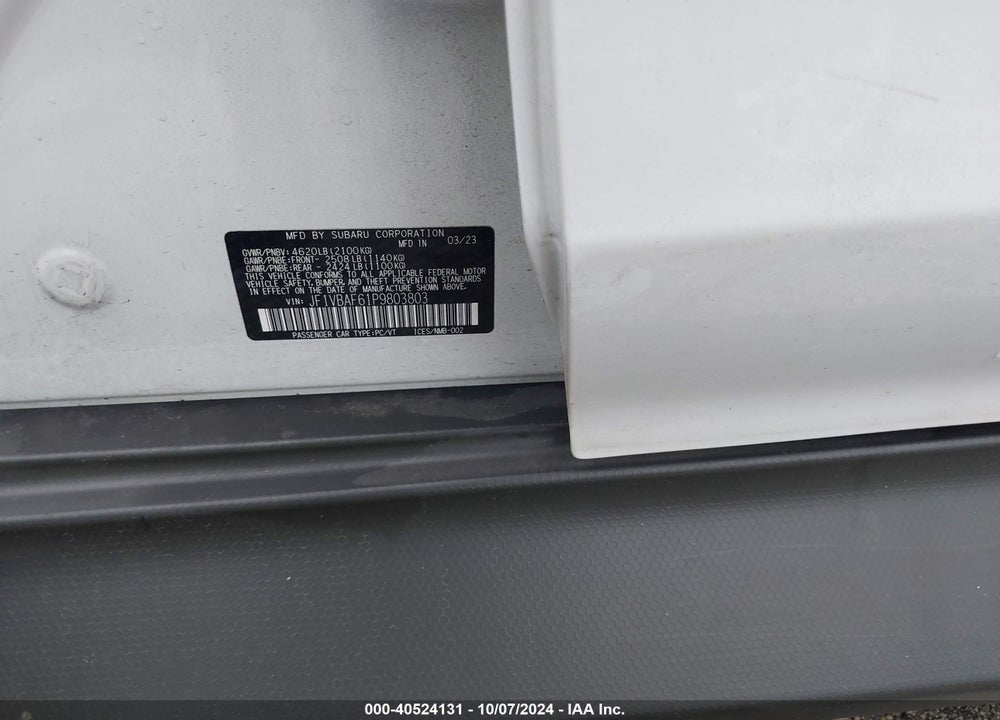 2023 SUBARU WRX PREMIUM VIN: JF1VBAF61P9803803