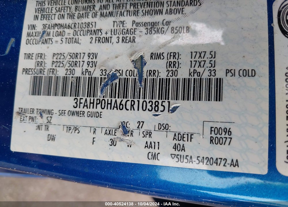 2012 FORD FUSION SE VIN: 3FAHP0HA6CR103851