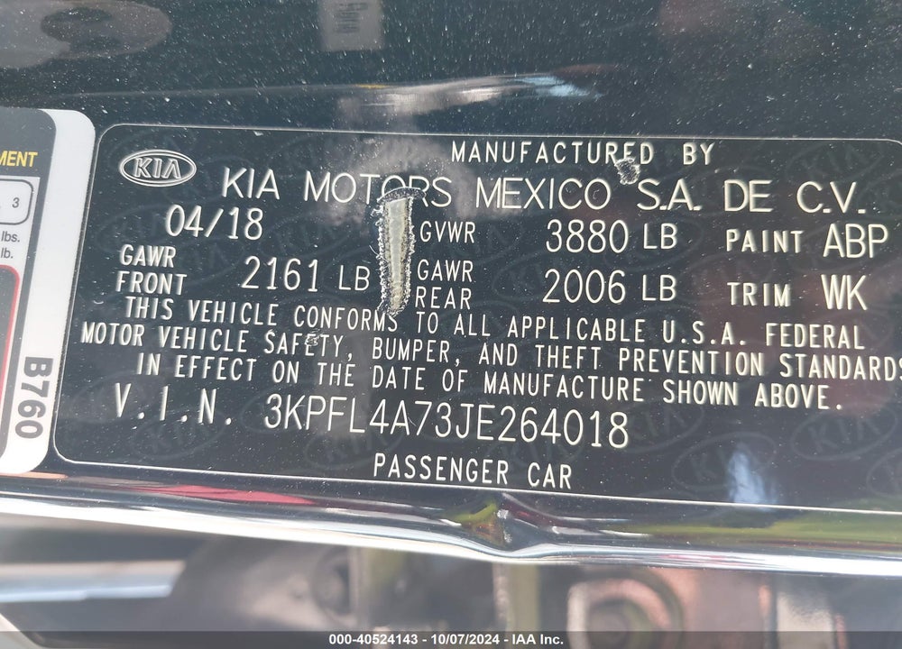 2018 KIA FORTE LX VIN: 3KPFL4A73JE264018