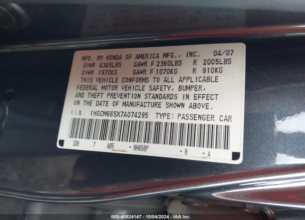 2007 HONDA ACCORD 3.0 EX VIN: 1HGCM665X7A074295