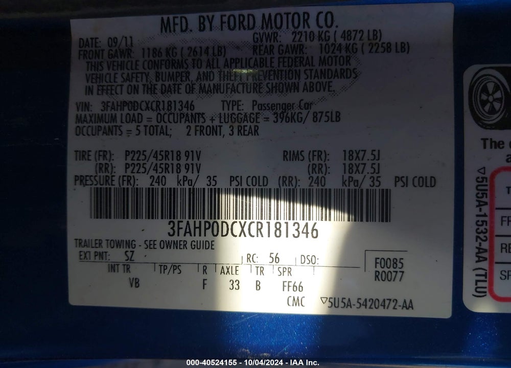 2012 FORD FUSION SPORT VIN: 3FAHP0DCXCR181346