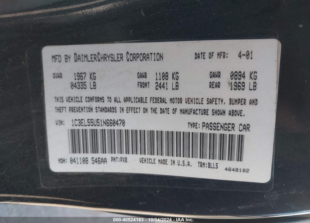2001 CHRYSLER SEBRING LXI VIN: 1C3EL55U51N660470