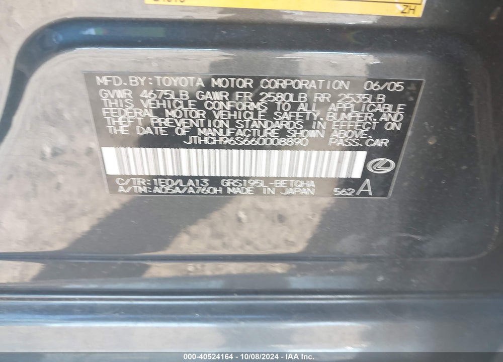 2006 LEXUS GS 300 VIN: JTHCH96S660008890
