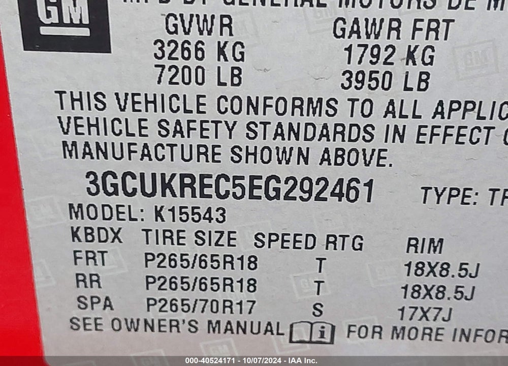 2014 CHEVROLET SILVERADO 1500 1LT VIN: 3GCUKREC5EG292461