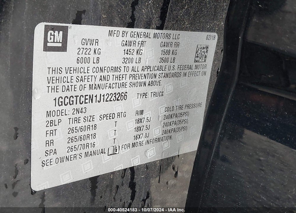 2018 CHEVROLET COLORADO LT VIN: 1GCGTCEN1J1223266