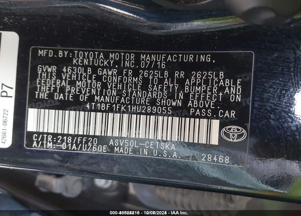 2017 TOYOTA CAMRY SE VIN: 4T1BF1FK1HU289055