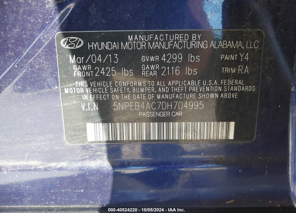 2013 HYUNDAI SONATA GLS VIN: 5NPEB4AC7DH704995