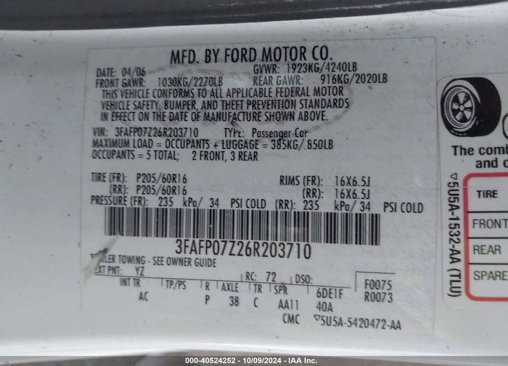 2006 FORD FUSION SE VIN: 3FAFP07Z26R203710