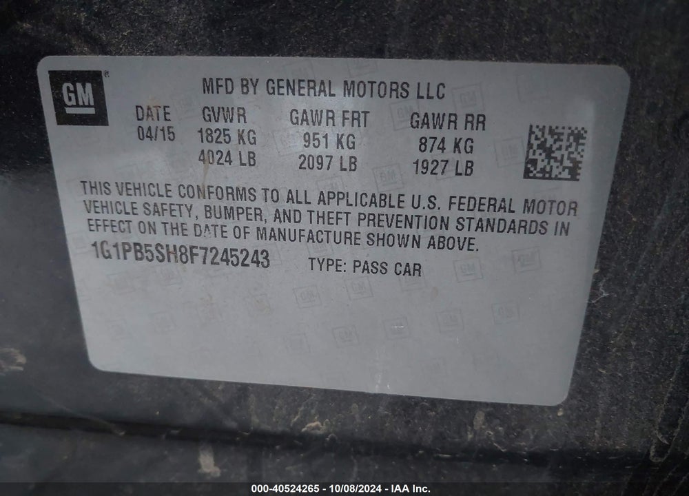 2015 CHEVROLET CRUZE LS MANUAL VIN: 1G1PB5SH8F7245243