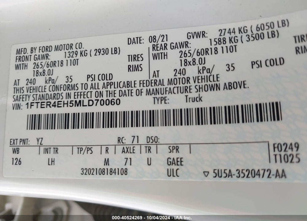2021 FORD RANGER XL VIN: 1FTER4EH5MLD70060