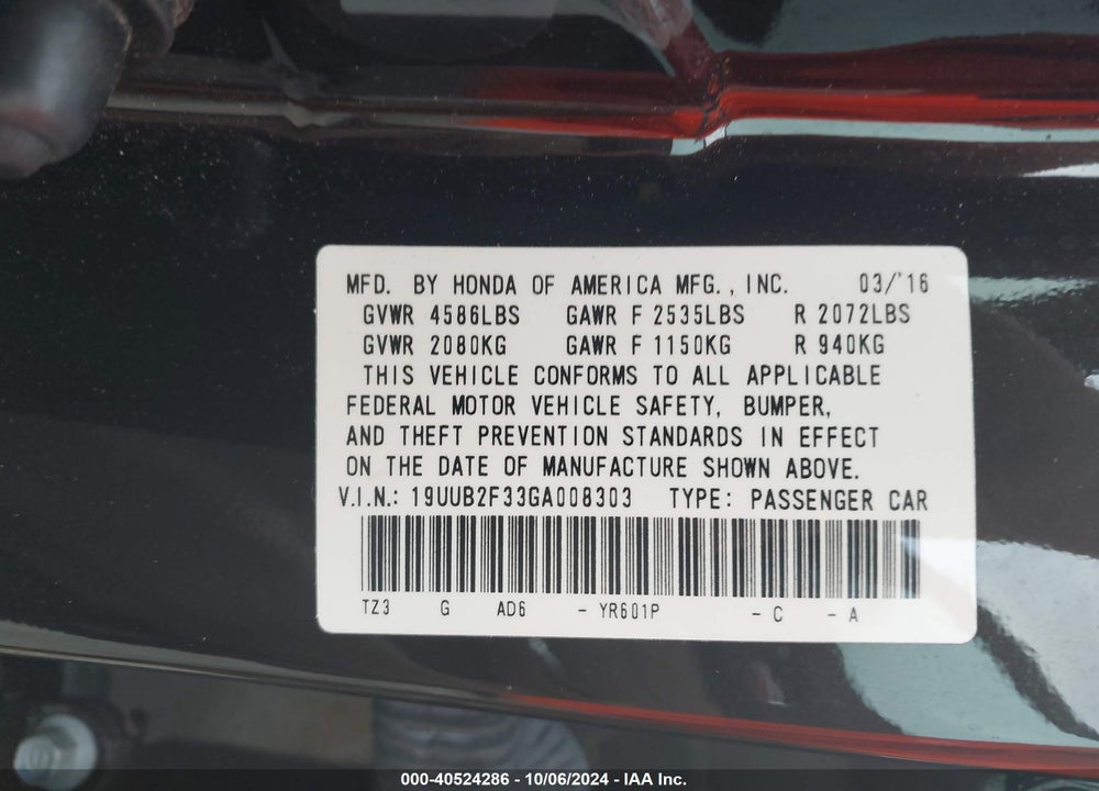 2016 ACURA TLX V6 VIN: 19UUB2F33GA008303