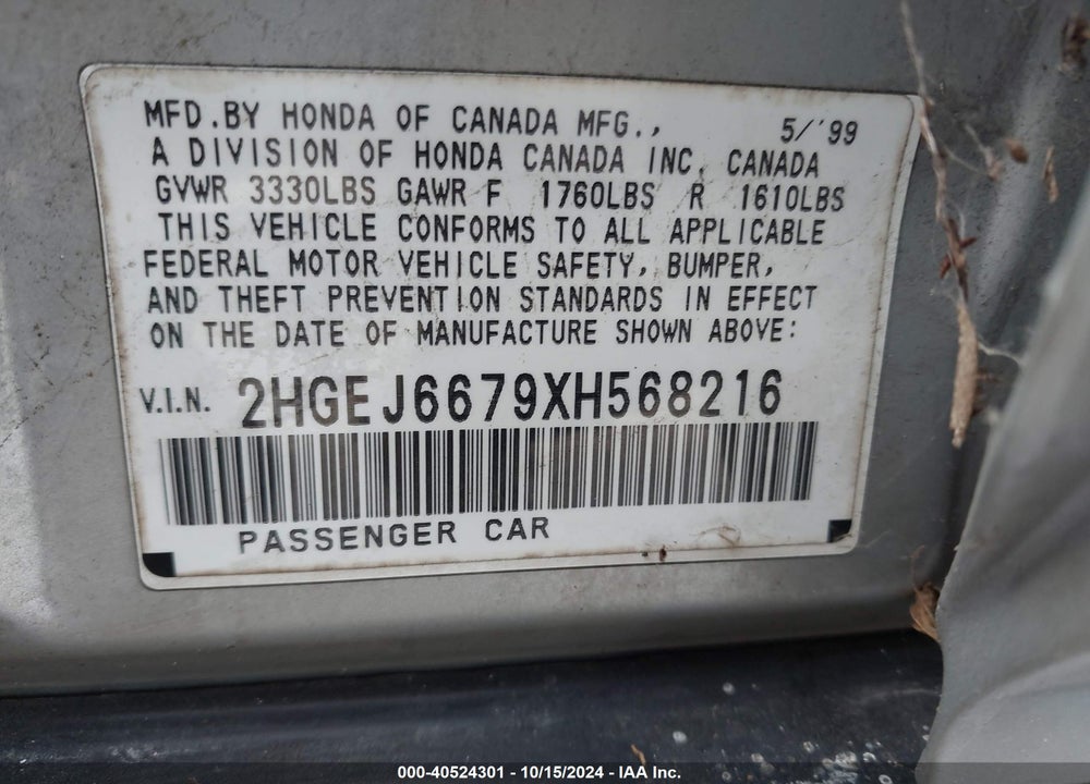 1999 HONDA CIVIC LX VIN: 2HGEJ6679XH568216