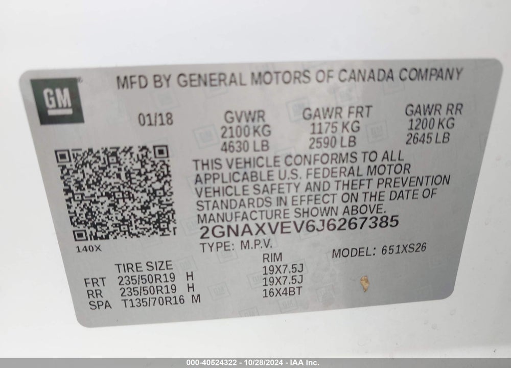 2018 CHEVROLET EQUINOX PREMIER VIN: 2GNAXVEV6J6267385