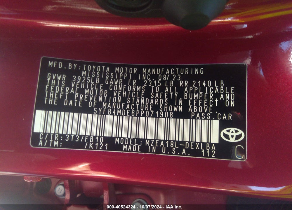 2023 TOYOTA COROLLA LE VIN: 5YFB4MDE6PP071908