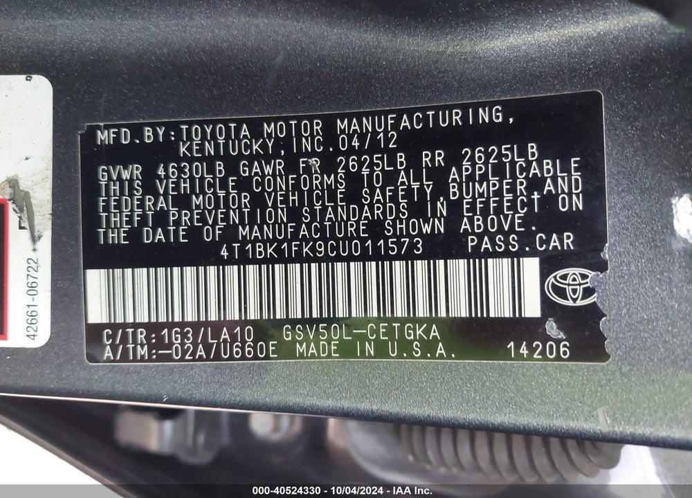 2012 TOYOTA CAMRY XLE V6 VIN: 4T1BK1FK9CU011573