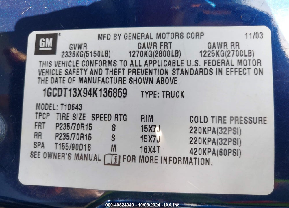 2004 CHEVROLET S-10 LS VIN: 1GCDT13X94K136869