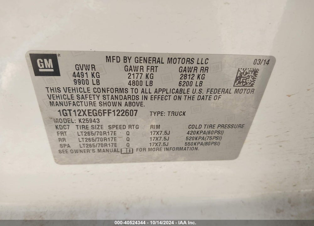 2015 GMC SIERRA 2500HD VIN: 1GT12XEG6FF122607
