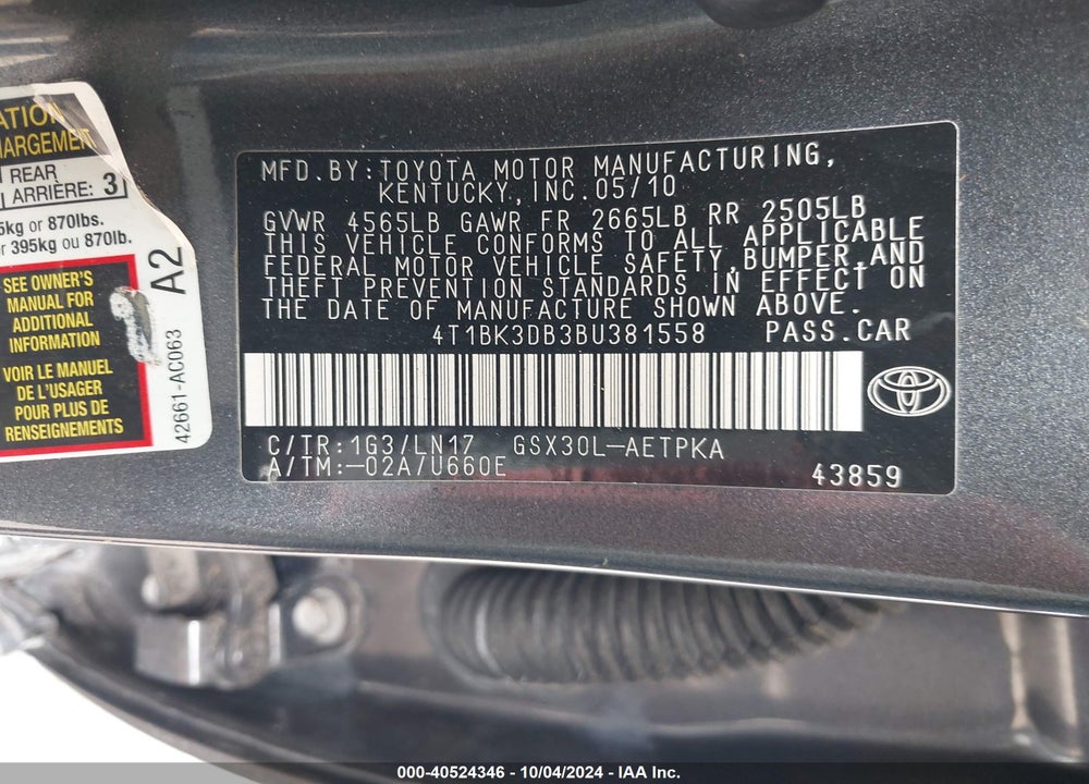 2011 TOYOTA AVALON VIN: 4T1BK3DB3BU381558