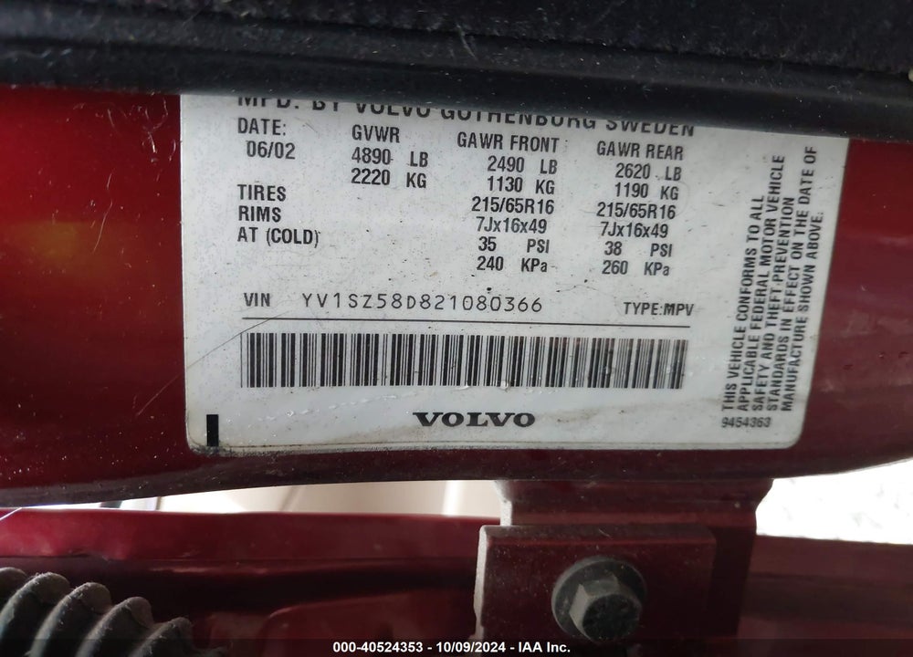 2002 VOLVO V70 XC VIN: YV1SZ58D821080366