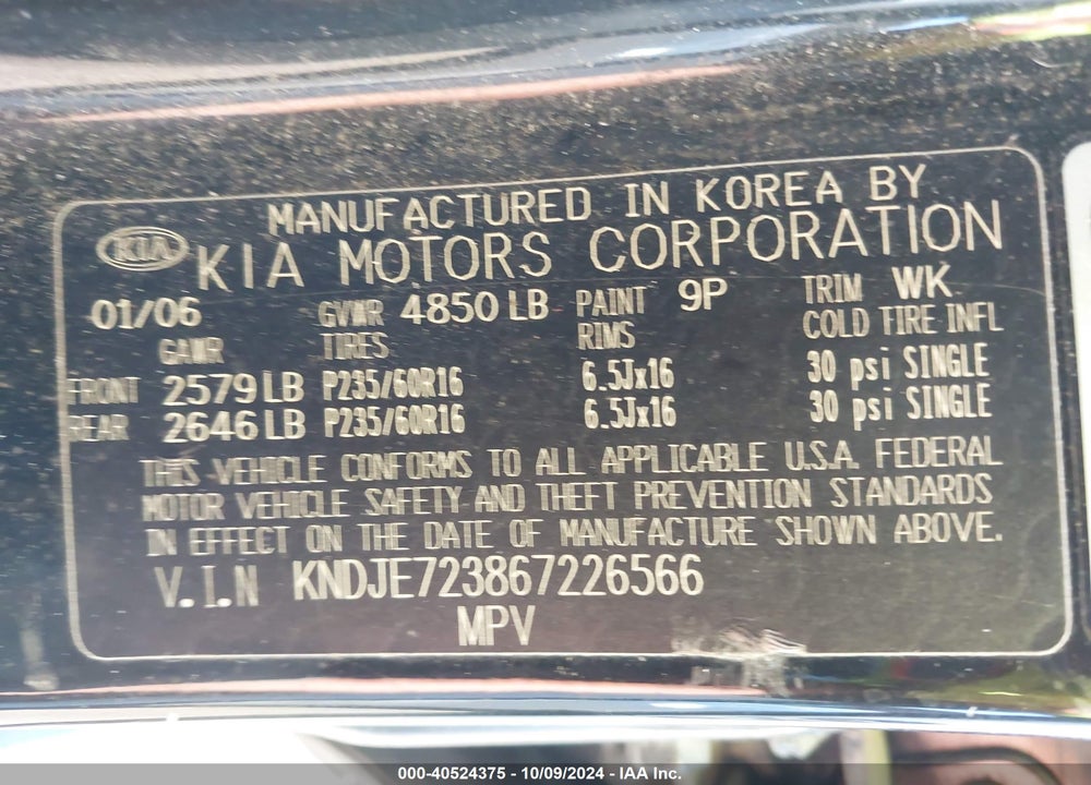 2006 KIA SPORTAGE EX V6/LX V6 VIN: KNDJE723867226566