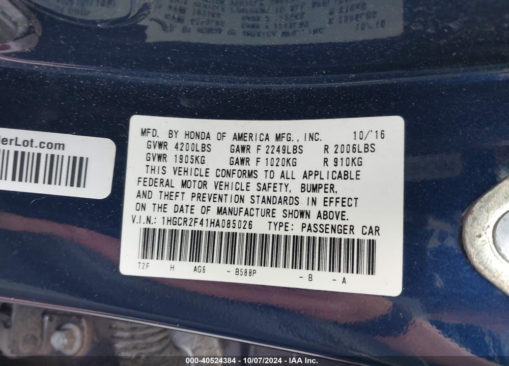 2017 HONDA ACCORD LX VIN: 1HGCR2F41HA085026