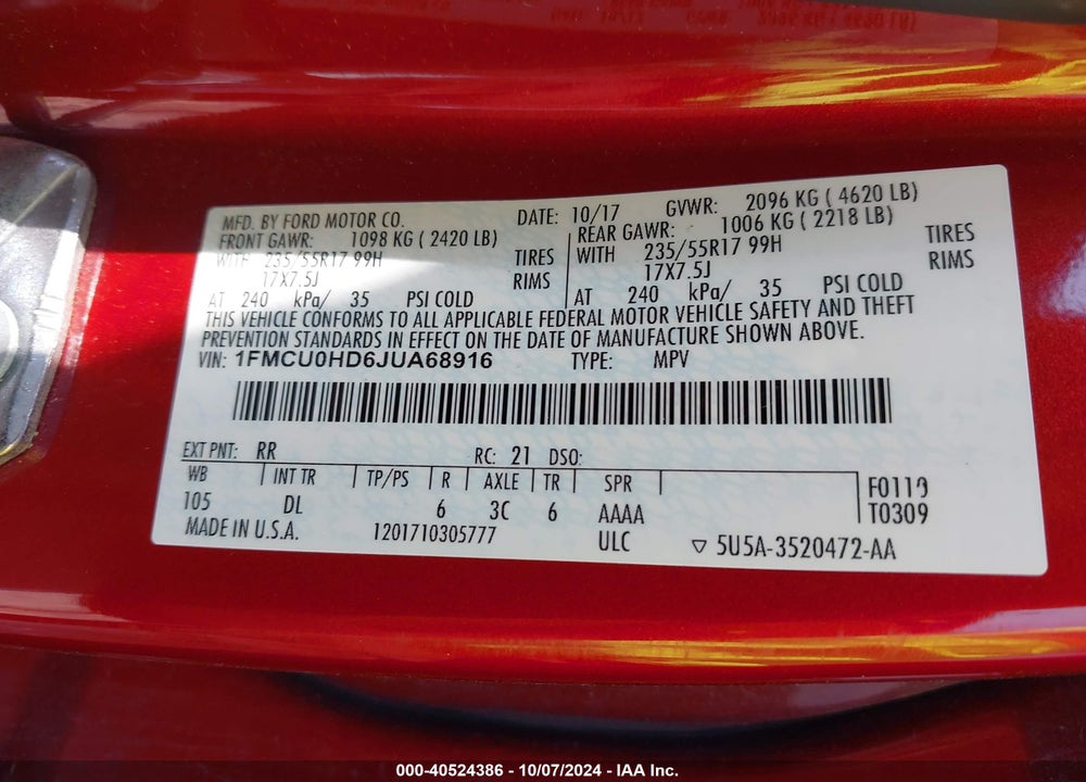 2018 FORD ESCAPE SEL VIN: 1FMCU0HD6JUA68916