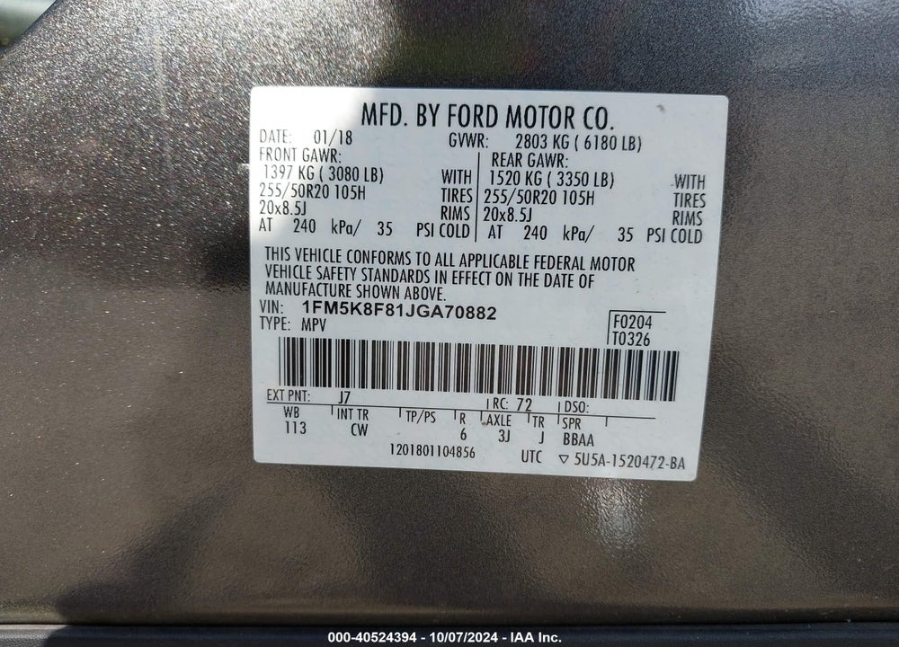 2018 FORD EXPLORER LIMITED VIN: 1FM5K8F81JGA70882