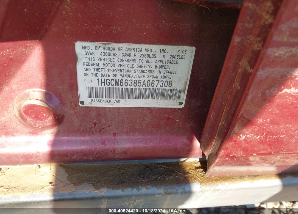 2005 HONDA ACCORD 3.0 LX VIN: 1HGCM66385A067308