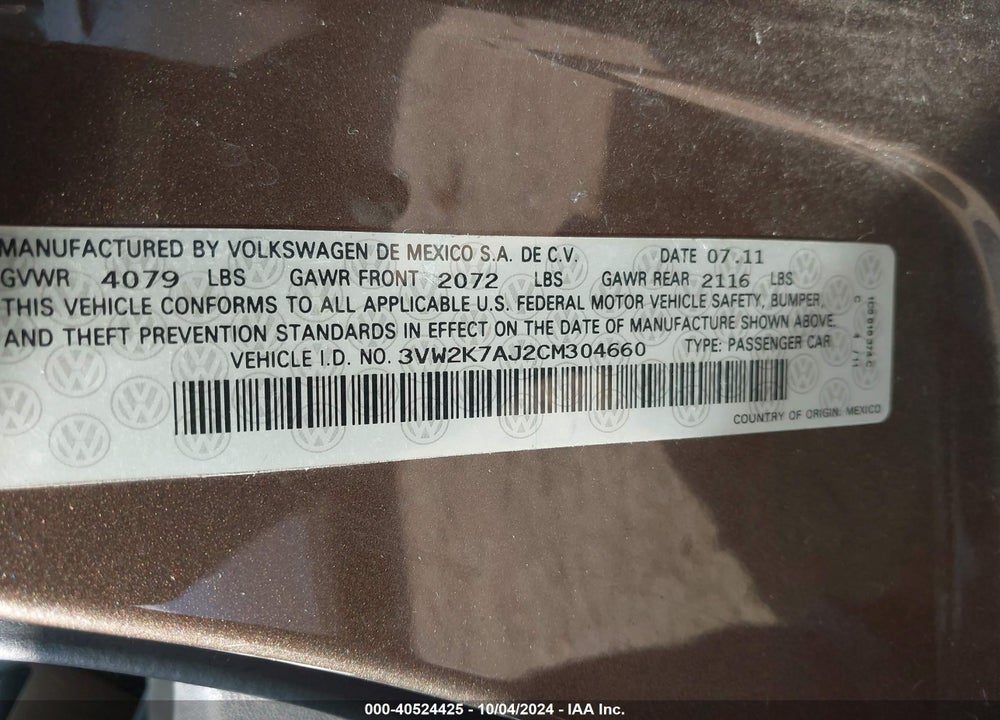 2012 VOLKSWAGEN JETTA 2.0L S VIN: 3VW2K7AJ2CM304660