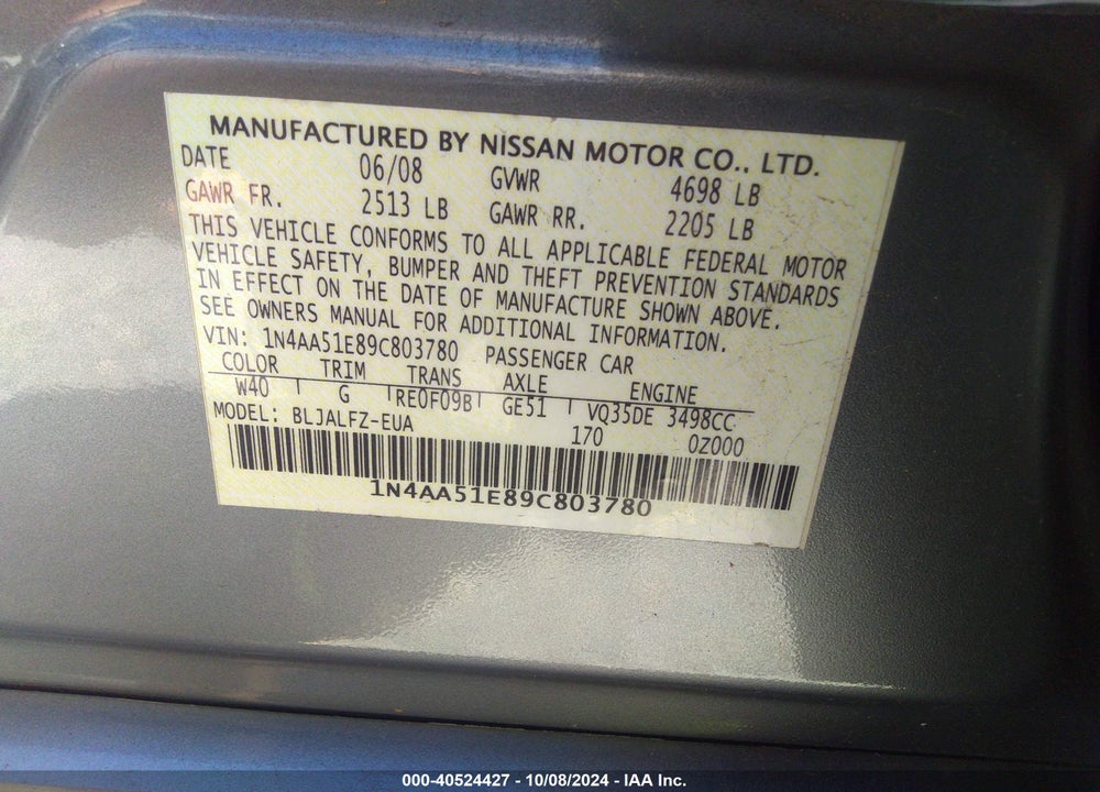 2009 NISSAN MAXIMA 3.5 SV VIN: 1N4AA51E89C803780