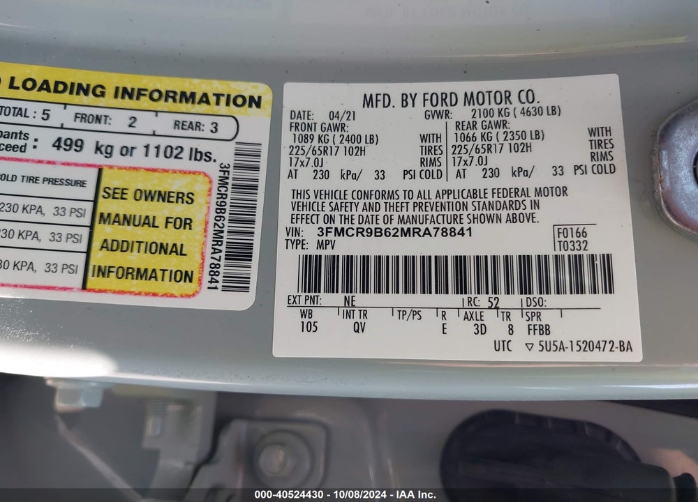 2021 FORD BRONCO SPORT BIG BEND VIN: 3FMCR9B62MRA78841