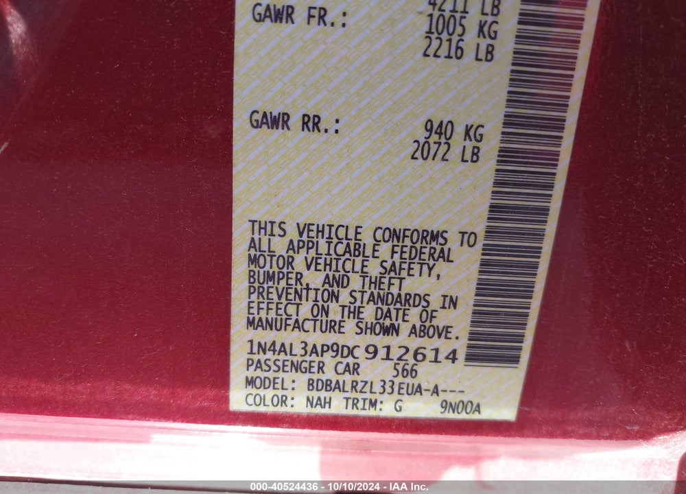 2013 NISSAN ALTIMA 2.5 S VIN: 1N4AL3AP9DC912614