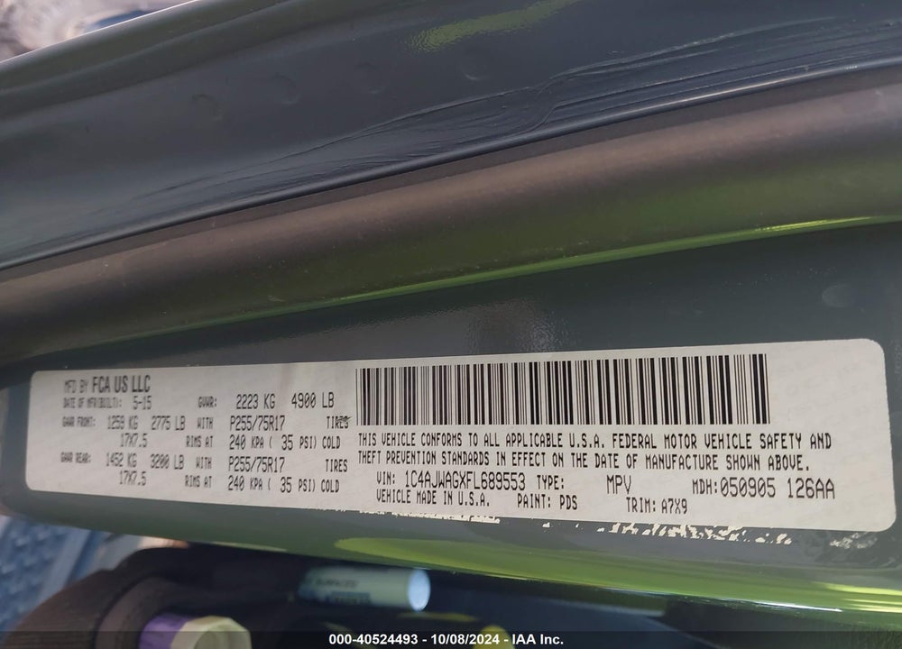2015 JEEP WRANGLER / VIN: 1C4AJWAGXFL689553