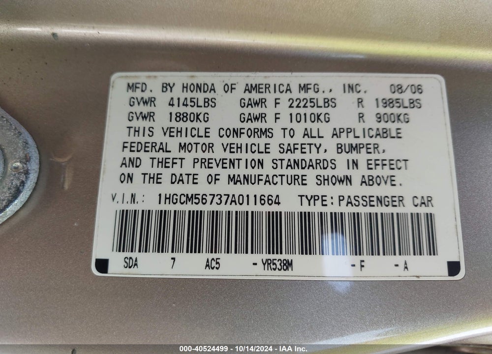 2007 HONDA ACCORD 2.4 EX VIN: 1HGCM56737A011664