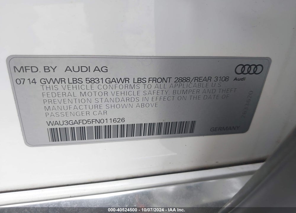 2015 AUDI A8 L 3.0T VIN: WAU3GAFD5FN011626