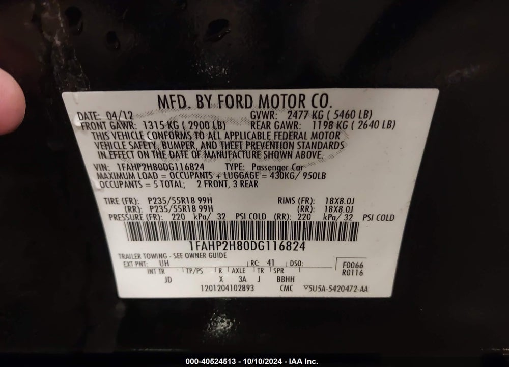 2013 FORD TAURUS SEL VIN: 1FAHP2H80DG116824