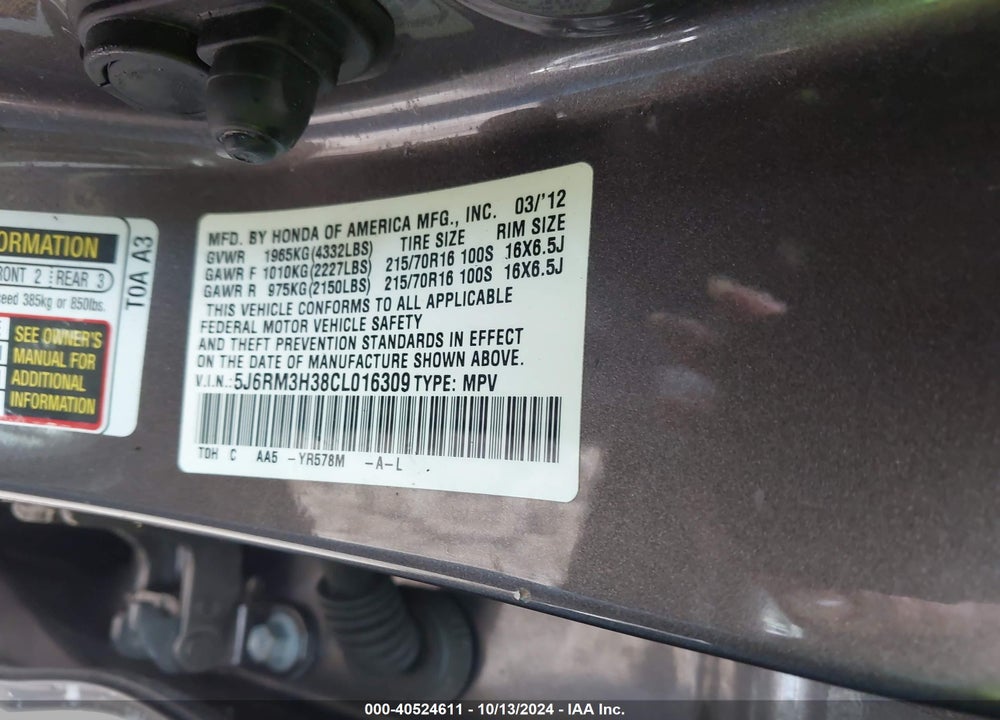 2012 HONDA CR-V LX VIN: 5J6RM3H38CL016309
