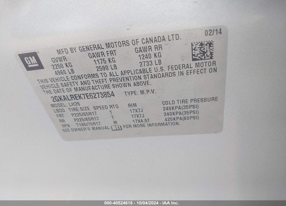 2014 GMC TERRAIN SLE-2 VIN: 2GKALREK7E6273854