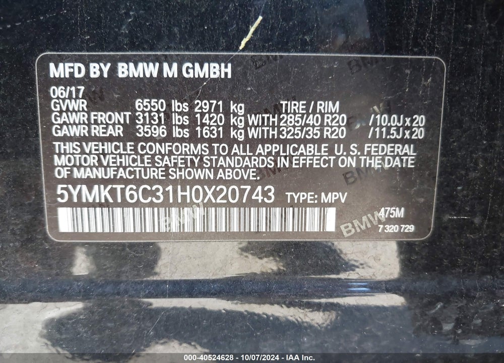 2017 BMW X5 M VIN: 5YMKT6C31H0X20743