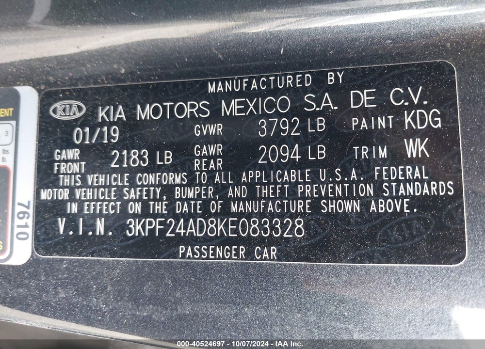 2019 KIA FORTE LXS VIN: 3KPF24AD8KE083328
