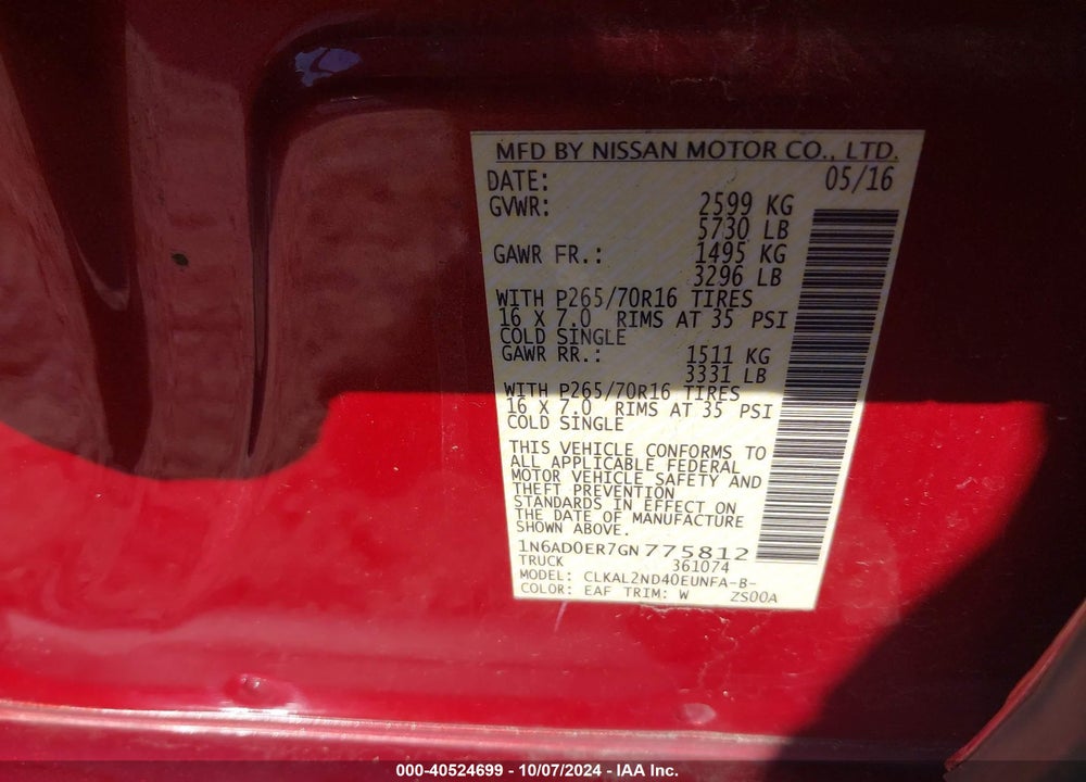2016 NISSAN FRONTIER SV VIN: 1N6AD0ER7GN775812