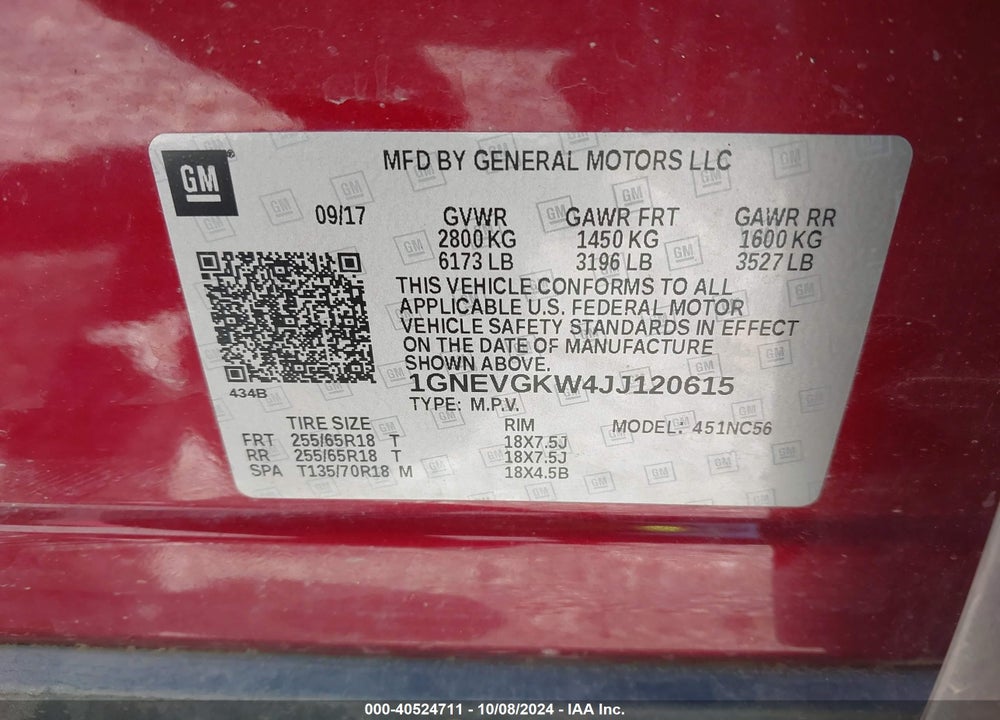 2018 CHEVROLET TRAVERSE 1LT VIN: 1GNEVGKW4JJ120615