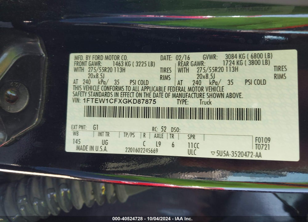 2016 FORD F-150 XLT VIN: 1FTEW1CFXGKD87875