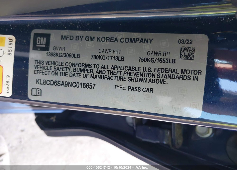 2022 CHEVROLET SPARK FWD 1LT AUTOMATIC VIN: KL8CD6SA9NC016657