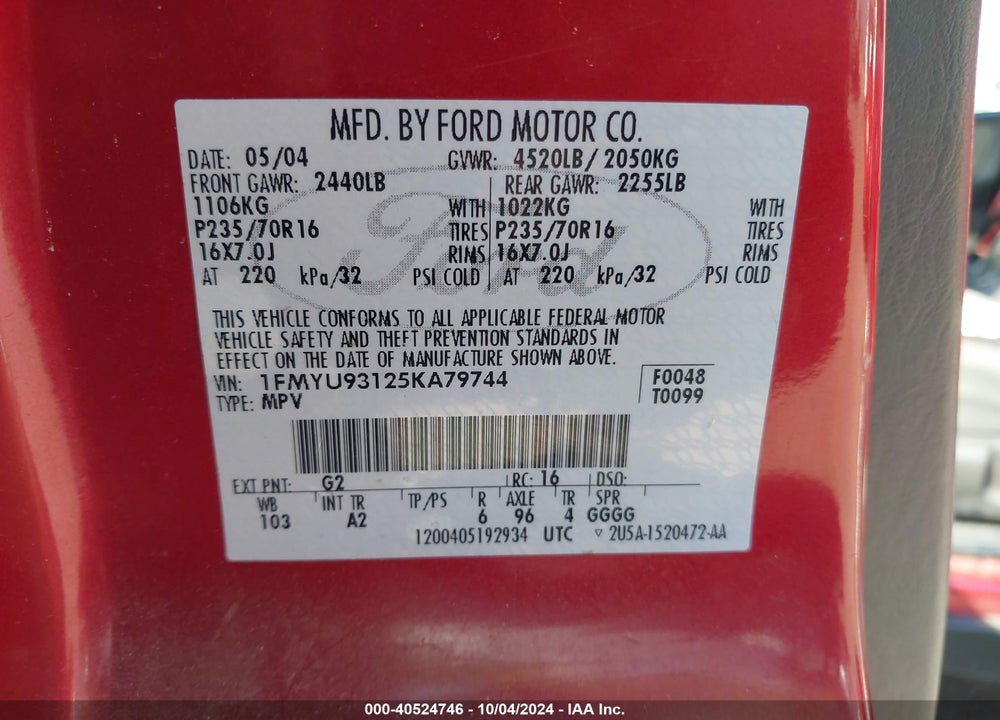 2005 FORD ESCAPE XLT VIN: 1FMYU93125KA79744