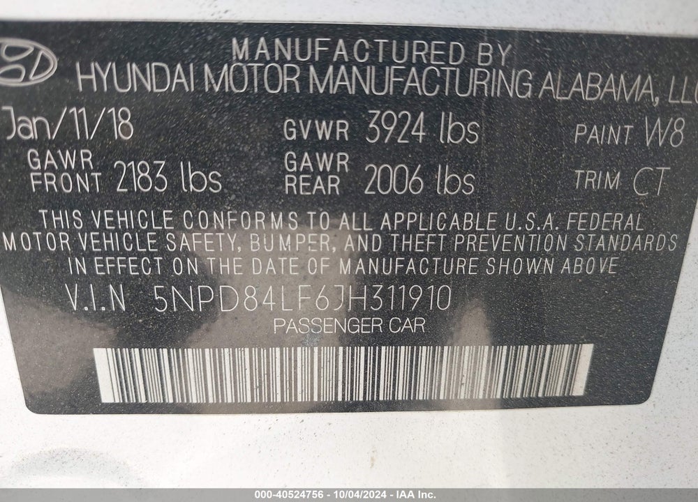 2018 HYUNDAI ELANTRA VALUE EDITION VIN: 5NPD84LF6JH311910