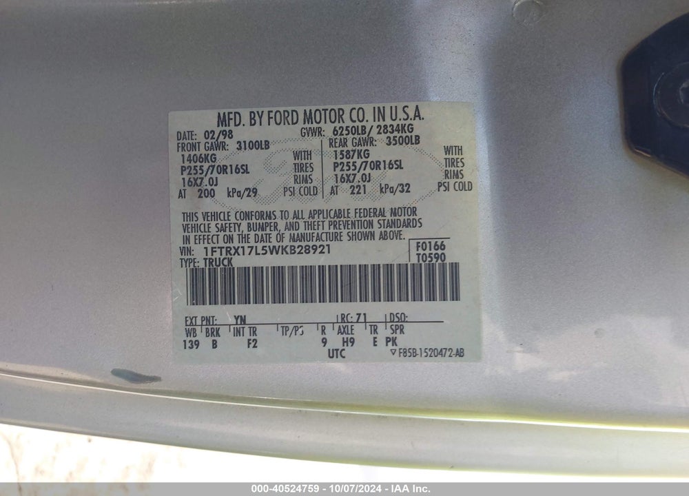 1998 FORD F-150 LARIAT/XL/XLT VIN: 1FTRX17L5WKB28921